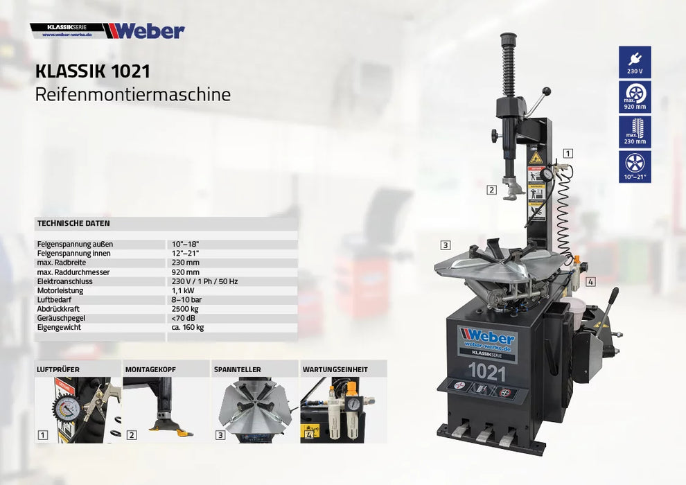 Däckmaskinspaket Weber 1021 och hjulbalanseringsmaskin STW-202 inklusive extra monteringsarm till höger