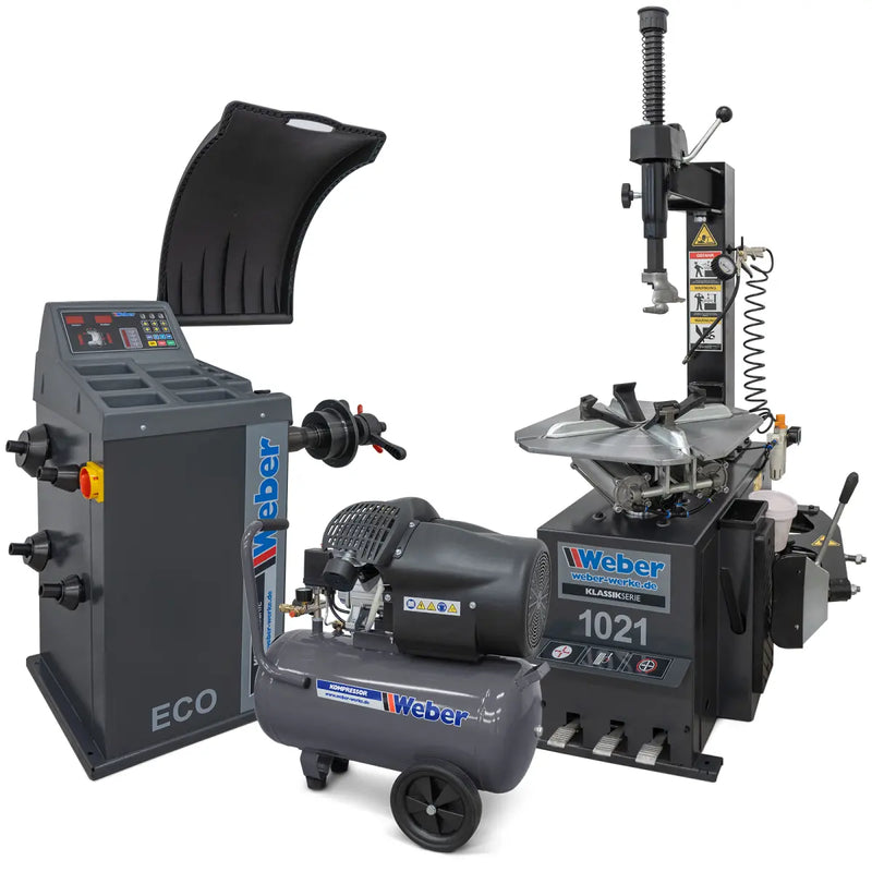 !! Jubileum !! Däckmaskinspaket Weber 1021 + Hjulbalanseraren "ECO" + Verkstadskompressor 230 V / 10 bar / 50 l tank
