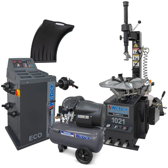 !! Jubileum !! Däckmaskinspaket Weber 1021 + Hjulbalanseraren "ECO" + Verkstadskompressor 230 V / 10 bar / 50 l tank
