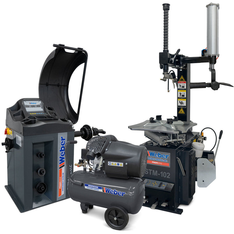 Däckmaskin Weber STM-102 & Hjulbalanserare STW-202 Paket inkl. Monteringsarm & 50L Kompressor