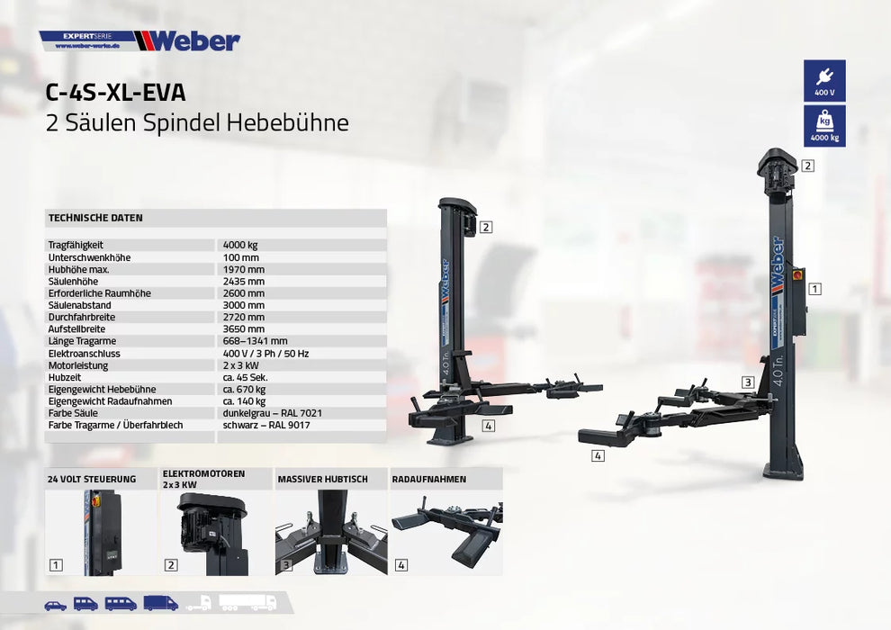 Tvåpelarlyft "Spindel" för elfordon Weber Expert Series C-4S-XL-EVA