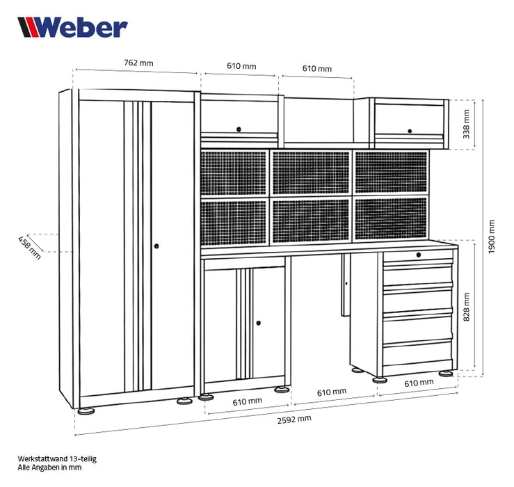 Professionellt Verkstadsskåpsystem Weber Serie 450 13-delad grå