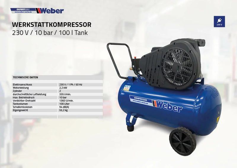 Verkstadskompressor Weber 230 V / 10 bar / 100 l tank