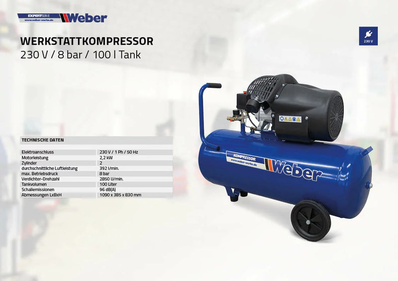 Verkstadskompressor Weber 230 V / 8 bar / 100 l tank