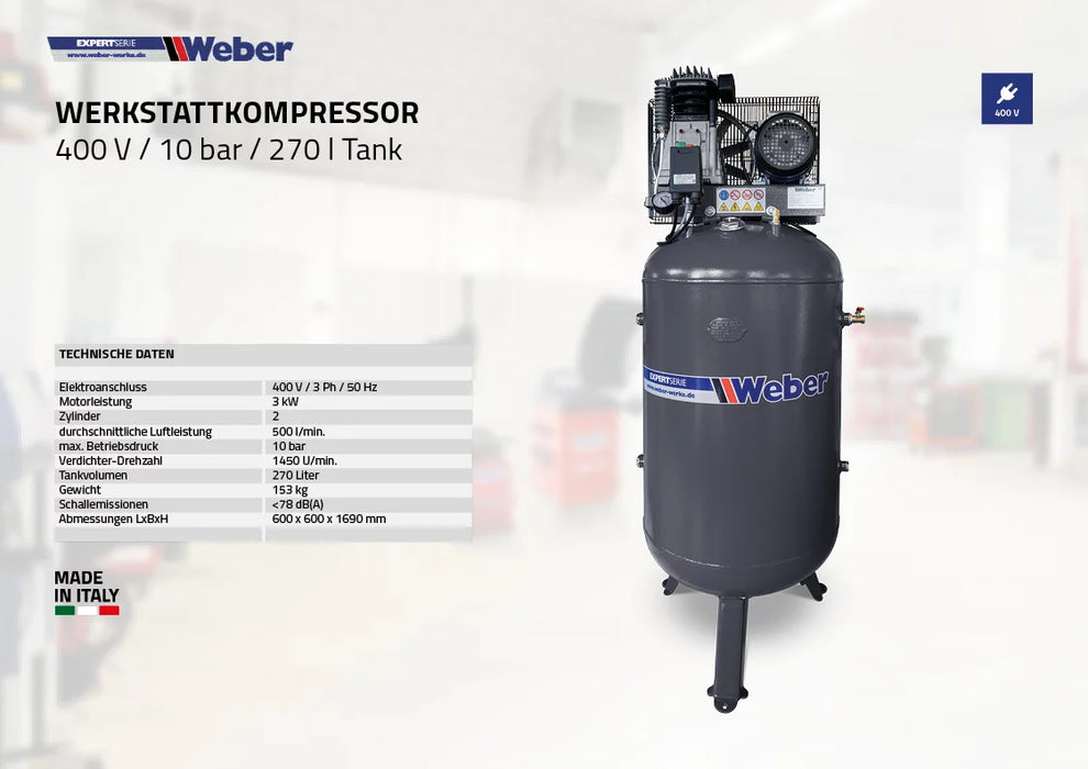Verkstadskompressor Weber 400 V / 10 bar / 270 l tank