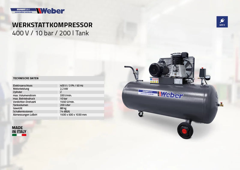 Verkstadskompressor Weber 400 V / 10 bar / 200 l tank