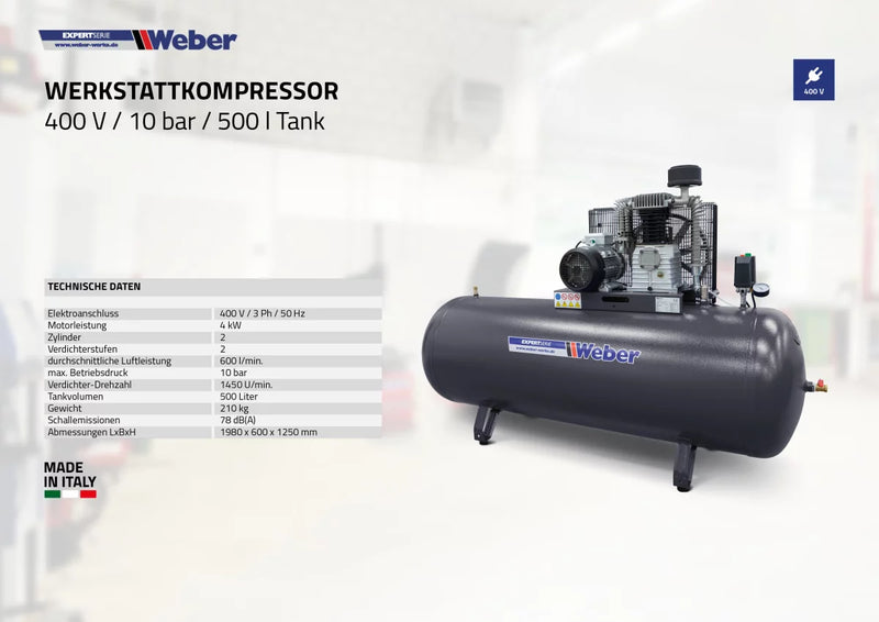 Verkstadskompressor Weber 400 V / 10 bar / 500 l tank