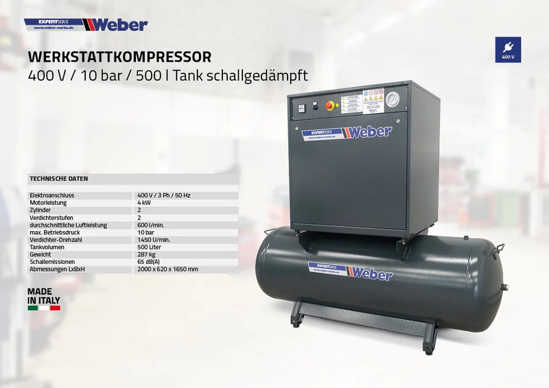 Tyst Verkstadskompressor Weber 400 V / 10 bar / 500 l tank